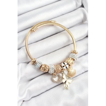 316L Çelik Beyaz Zirkon Taşlı Kalp Kelebek Ve İstiridye Model Gold Renk Charm Bileklik