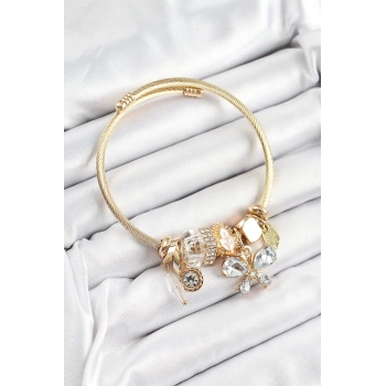 316L Çelik Beyaz Zirkon Taşlı Kelebek Model Gold Renk Charm Bileklik