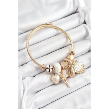 316L Çelik Beyaz Zirkon Taşlı Yıldız Melek İstiridye Ve Kalp Model Gold Renk Charm Bileklik