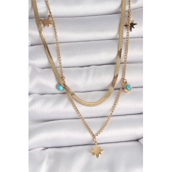 316L Çelik Gold Renk 2Li İtalyan Zincir Model Yıldız Figür Mavi Taş Detay Kadın Kolye
