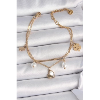 316L Çelik Gold Renk 2li Zincir Model Sallantı Kalp Figür Yonca Detay Kadın Bileklik