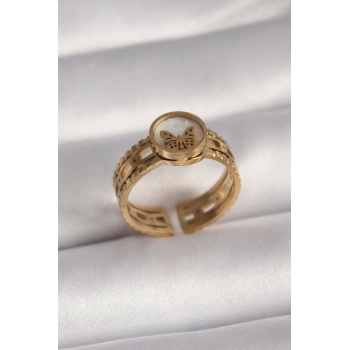 316L Çelik Gold Renk Beyaz Sedefli Kelebek Model İşleme Detay Kadın Yüzük