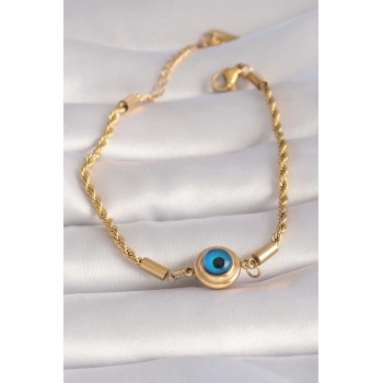 316L Çelik Gold Renk Burgu Zincir Nazar Boncuk Model Kadın Bileklik