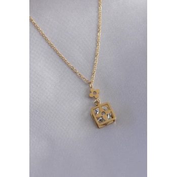 316L Çelik Gold Renk Çiçek Figür Zirkon Taş Detay Kadın Kolye
