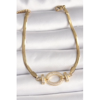 316L Çelik Gold Renk italyan Zincir Model Zirkon Taşlı Halka Figür Kadın Bileklik