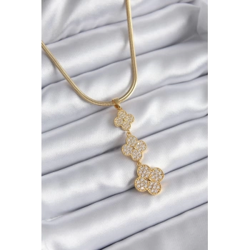 316L Çelik Gold Renk İtalyan Zincir Zirkon Taşlı Yonca Model Kadın Kolye