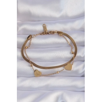 316L Çelik Gold Renk Kalpli Model İtalyan Zincirli Bileklik