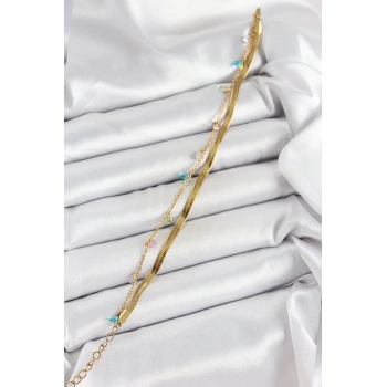 316L Çelik Gold Renk Karışık Renkli Kristal Taşlı 2li Kadın Bileklik