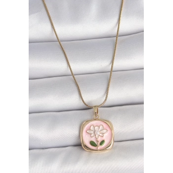 316L Çelik Gold Renk Zincir Pembe Papatya İşlemeli İnci Detay Kadın Kolye