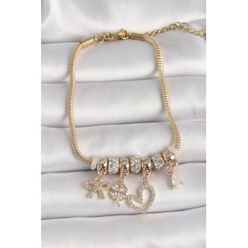 Pirinç Gold Renk Zincir Sallantı Zirkon Taşlı Kalp Figür Yonca Detay Kadın Bileklik