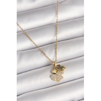 316L Çelik Gold Renk Zincir Sallantı Zirkon Taşlı Yonca Model Kadın Kolye