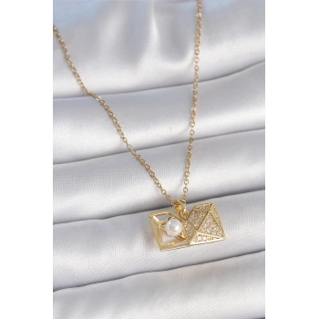 316L Çelik Gold Renk Zincir Zirkon Taşlı Açılır İncili Elmas Model Kadın Kolye
