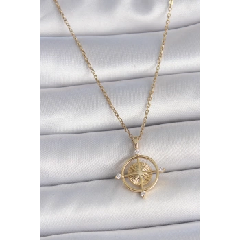316L Çelik Gold Renk Zincir Zirkon Taşlı Pusula Model Kadın Kolye