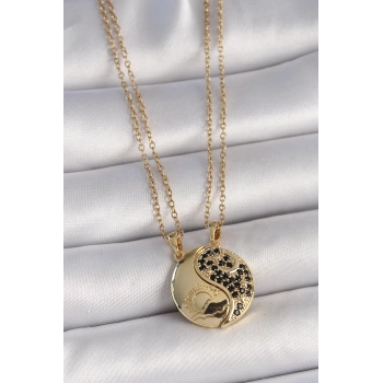316L Çelik Gold Renk Zincir Zirkon Taşlı Ying Yang Model Gün Batımı İşlemeli Arkadaşlık Kadın Kolye