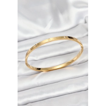 316L Çelik Gold Renk Zirkon Taşlı 65 mm İnce Kadın Kelepçe Bileklik