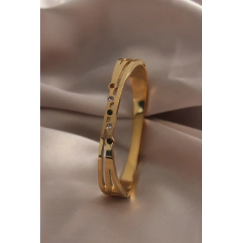 316L Çelik Gold Renk Zirkon Taşlı Gold Renk Kadın Kelepçe