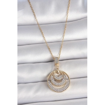 316L Çelik Gold Renk Zirkon Taşlı Madalyon Model Kadın Kolye