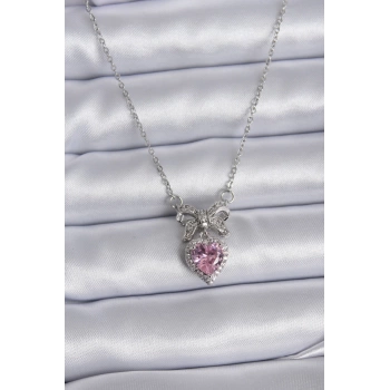 316L Çelik Gümüş Renk Zincir Pembe Kristal Kalp Zirkon Taşlı Kurdele Model Kadın Kolye