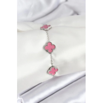 316L Çelik Gümüş Zincir Pembe Renk Yonca Bileklik