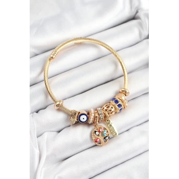 316L Çelik Lacivert Nazarlı Zirkon Taşlı İnci Detaylı Hayat Ağacı Model Gold Renk Charm Bileklik
