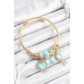 316L Çelik Mavi Zirkon Taşlı Anahtar Ve Kalp Model Gold Renk Charm Bileklik