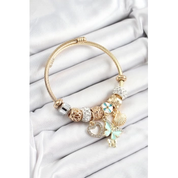316L Çelik Mavi Zirkon Taşlı Kalp Kelebek Ve İstiridye Model Gold Renk Charm Bileklik