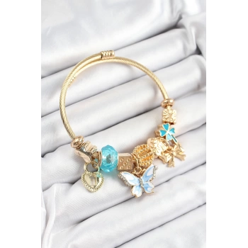316L Çelik Mavi Zirkon Taşlı Kelebek Fiyonk Ve Kilit Model Gold Renk Charm Bileklik
