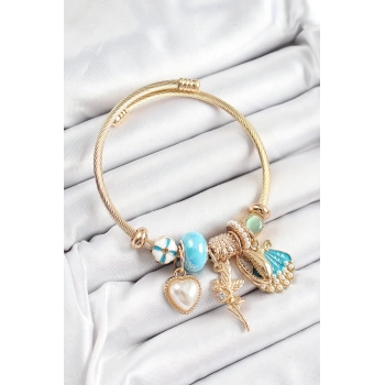 316L Çelik Mavi Zirkon Taşlı Yıldız Melek İstiridye Ve Kalp Model Gold Renk Charm Bileklik