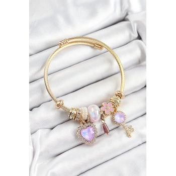 316L Çelik Mor Zirkon Taşlı Anahtar Ve Kalp Model Gold Renk Charm Bileklik