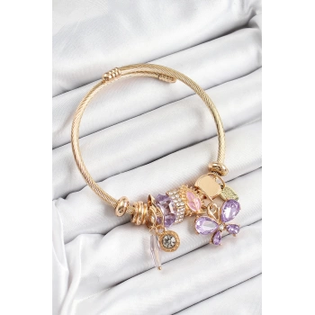 316L Çelik Mor Zirkon Taşlı Kelebek Model Gold Renk Charm Bileklik