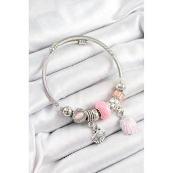 316L Çelik Pembe İstiridye Model Gümüş Renk Charm Bileklik