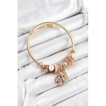 316L Çelik Pembe Nazarlı Zirkon Taşlı İnci Detaylı Hayat Ağacı Model Gold Renk Charm Bileklik
