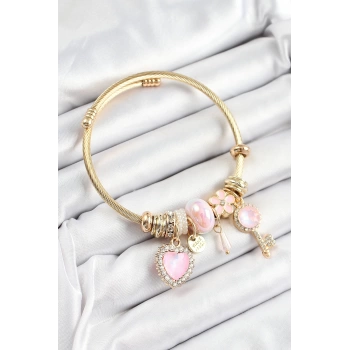 316L Çelik Pembe Zirkon Taşlı Anahtar Ve Kalp Model Gold Renk Charm Bileklik