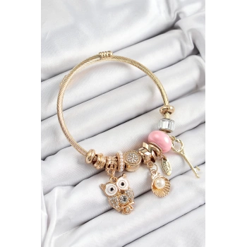 316L Çelik Pembe Zirkon Taşlı Baykuş İstiridye Ve Anahtar Model Gold Renk Charm Bileklik