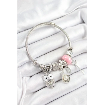316L Çelik Pembe Zirkon Taşlı Baykuş İstiridye Ve Anahtar Model Gümüş Renk Charm Bileklik