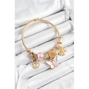 316L Çelik Pembe Zirkon Taşlı Kelebek Fiyonk Ve Kilit Model Gold Renk Charm Bileklik