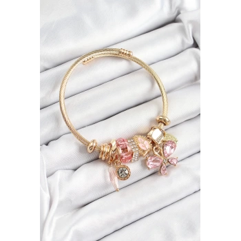 316L Çelik Pembe Zirkon Taşlı Kelebek Model Gold Renk Charm Bileklik