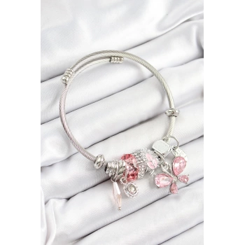 316L Çelik Pembe Zirkon Taşlı Kelebek Model Gümüş Renk Charm Bileklik