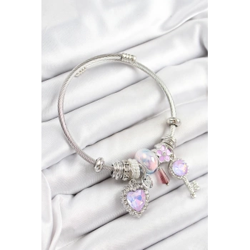 316L Çelik Pembe Zirkon Taşlı Yıldız Anahtar Ve Kalp Model Gümüş Renk Charm Bileklik