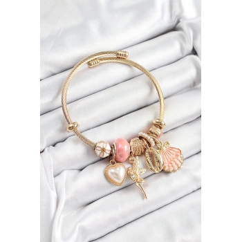 316L Çelik Pembe Zirkon Taşlı Yıldız Melek İstiridye Ve Kalp Model Gold Renk Charm Bileklik