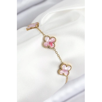316L Çelik Sedefli Pembe Gold Renk Yonca Kadın Bileklik