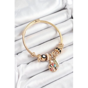 316L Çelik Siyah Nazarlı Zirkon Taşlı İnci Detaylı Hayat Ağacı Model Gold Renk Charm Bileklik
