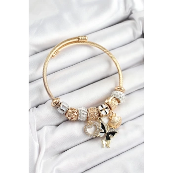 316L Çelik Siyah Zirkon Taşlı Kalp Kelebek Ve İstiridye Model Gold Renk Charm Bileklik