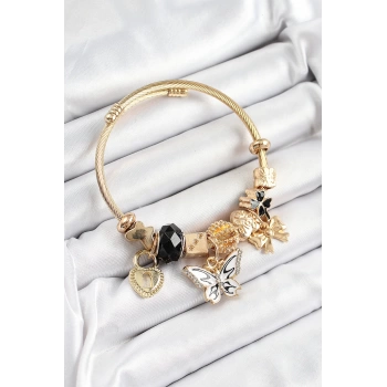 316L Çelik Siyah Zirkon Taşlı Kelebek Fiyonk Ve Kilit Model Gold Renk Charm Bileklik