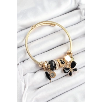 316L Çelik Siyah Zirkon Taşlı Kelebek Model Gold Renk Charm Bileklik