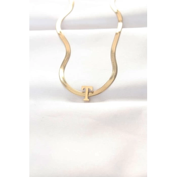 316L Çelik T Harfli Gold Renk İtalyan Zincirli Kolye
