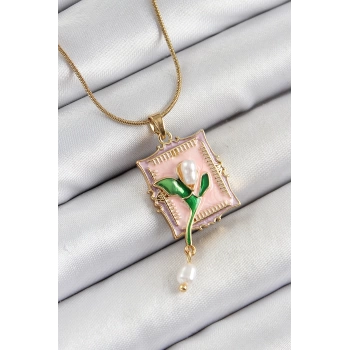 316L Çelik Zincir Pembe Sanatsal Portre Sallantılı İnci Detaylı Lale Model Gold Renk Kadın Kolye