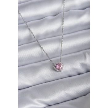 316L Çelik Zincirli Gümüş Renk Pembe Zirkon Taşlı Charm Kadın Kolye