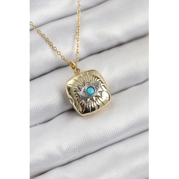 316L Çelik Zirkon Taşlı Açılabilr Kapaklı Göz Model Gold Renk Kadın Kolye