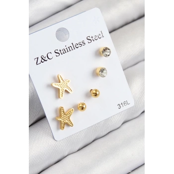 316L Çelik Zirkon Taşlı Deniz Yıldızı Model Gümüş Renk Kadın Set Küpe